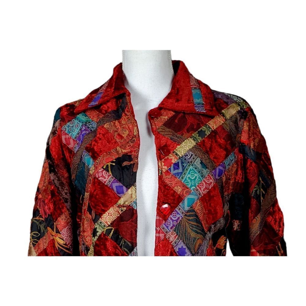 Anu Jacket Size Small Velvet Patchwork Red Silk W… - image 3